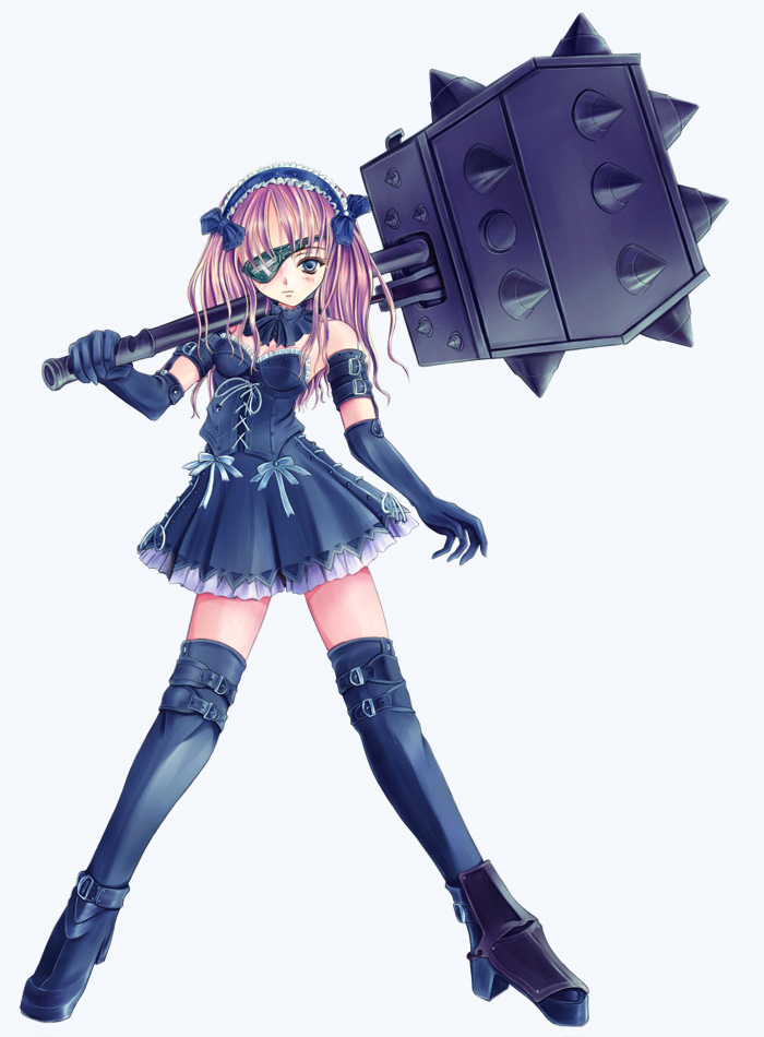 black boots, black thighhighs, boots, detached collar, elbow gloves, eyepatch, gloves, goth fashion, gothic lolita, hammer, high heels, lolita fashion, mace, shoes, solo, thigh boots, thighhighs, weapon