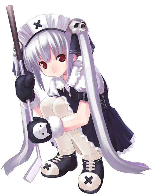 kiira, kooh (pangya), pangya, 1girl, black mittens, female focus, fur-trimmed mittens, fur trim, gloves, hockey stick, maid headdress, mittens, red eyes, skull, solo, squatting, twintails, white hair