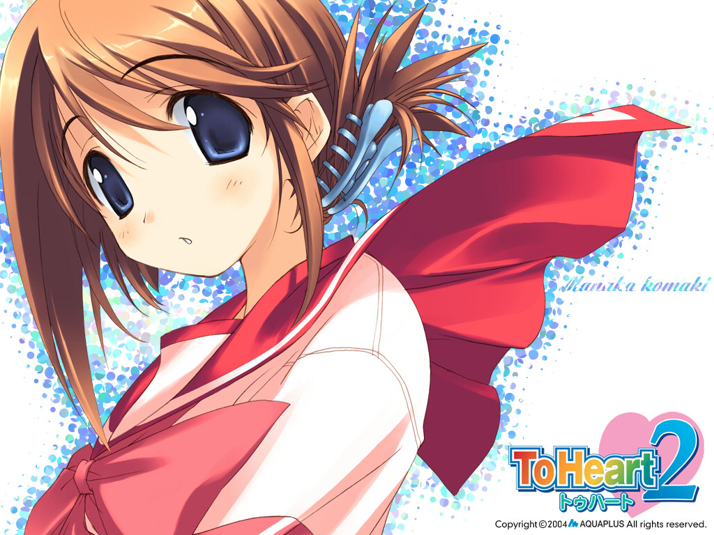 amazuyu tatsuki, komaki manaka, to heart (series), to heart 2, official art, official wallpaper, 00s, 1girl, 2004, blue eyes, brown hair, character name, female focus, folded ponytail, hair ornament, hairclip, looking at viewer, school uniform, serafuku, short hair, solo, watermark