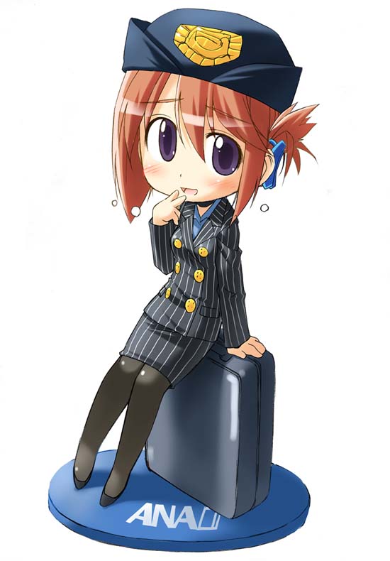 bakutendou, komaki manaka, all nippon airways, to heart (series), to heart 2, 00s, 1girl, black shoes, female focus, flight attendant, folded ponytail, grey pantyhose, hand to own mouth, pantyhose, pencil skirt, shoes, simple background, skirt, solo, travel attendant, white background