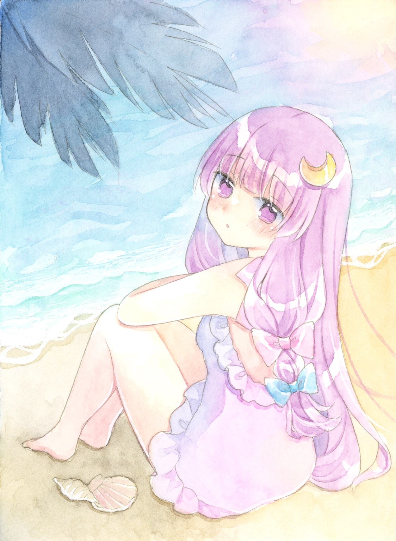 kagome f, patchouli knowledge, touhou, commentary request, highres, painting (medium), traditional media, watercolor (medium), 1girl, back cutout, barefoot, beach, blue bow, blue dress, bow, clothing cutout, crescent, crescent hair ornament, day, dress, full body, hair bow, hair ornament, long hair, looking at viewer, looking back, ocean, outdoors, purple bow, purple eyes, purple hair, seashell, shell, solo, very long hair, water