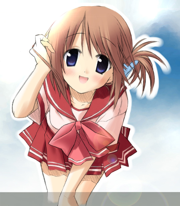 eretto, komaki manaka, to heart (series), to heart 2, 00s, 1girl, adjusting hair, blue eyes, brown hair, female focus, folded ponytail, hair ornament, hairclip, leaning forward, open mouth, school uniform, serafuku, skirt, smile, solo