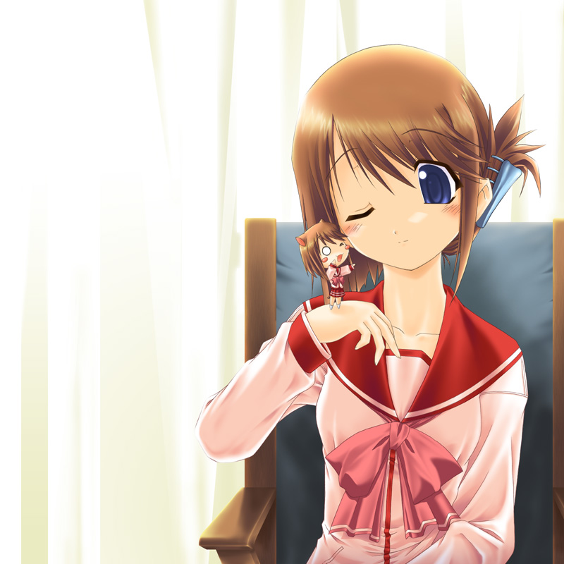 komaki manaka, to heart (series), to heart 2, 00s, 1girl, blue eyes, blush, blush stickers, bow, brown hair, chibi, female focus, folded ponytail, hair ornament, hairclip, mini person, minigirl, one eye closed, school uniform, serafuku, sitting, solo, wink