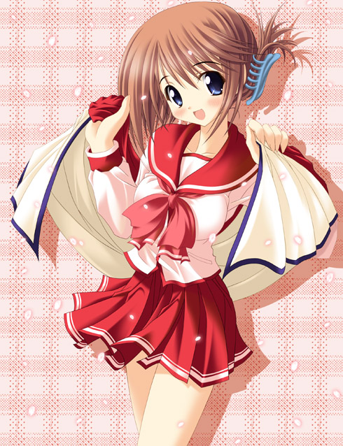 komaki manaka, to heart (series), to heart 2, 00s, 1girl, blouse, cowboy shot, female focus, folded ponytail, neckerchief, pink background, pink neckerchief, pink shirt, pleated skirt, school uniform, serafuku, shirt, skirt, solo, standing