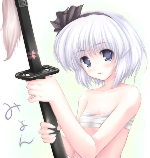 tateha (marvelous grace), konpaku youmu, touhou, 1girl, bare shoulders, blue eyes, chest sarashi, collarbone, female focus, flat chest, hairband, katana, light smile, looking at viewer, sarashi, scabbard, sheath, sheathed, short hair, solo, sword, tassel, underwear, underwear only, upper body, weapon, white hair