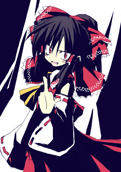 satou kibi, hakurei reimu, imperishable night, touhou, 1girl, angry, ascot, black hair, bow, detached sleeves, female focus, hair bow, hair tubes, middle finger, red eyes, short hair, solo, thefinger