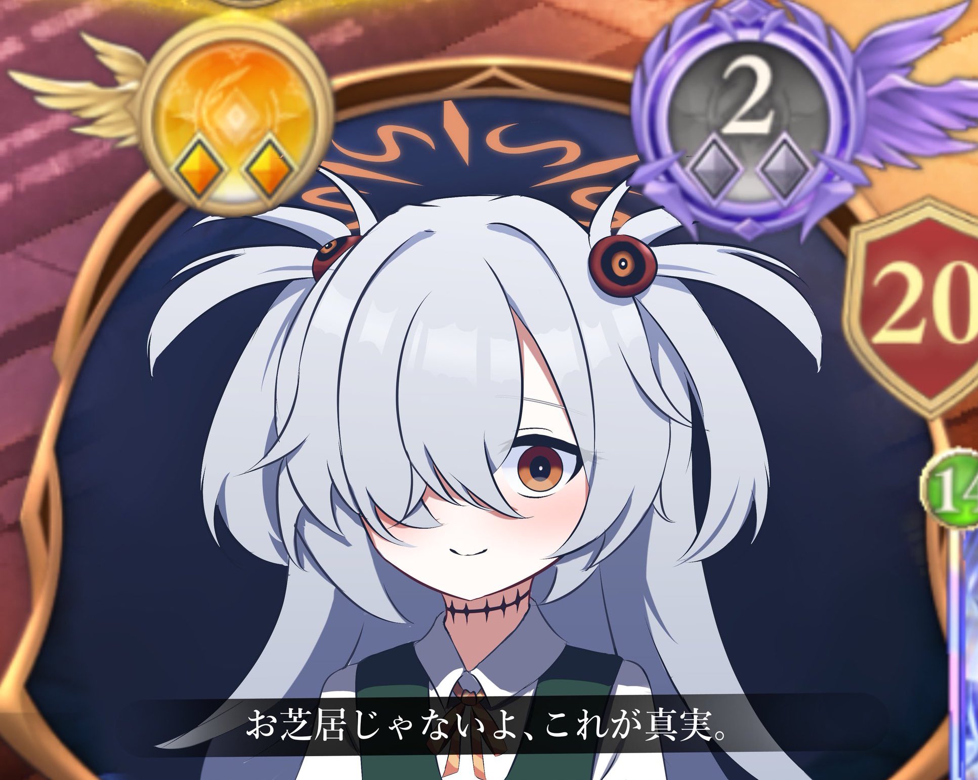 iggy@cafe, kanoe (blue archive), blue archive, shadowverse, highres, 1girl, brown eyes, collared shirt, dress, hair ornament, hair over one eye, halo, long hair, looking at viewer, orange halo, pinafore dress, shirt, sleeveless, sleeveless dress, sphere hair ornament, very long hair