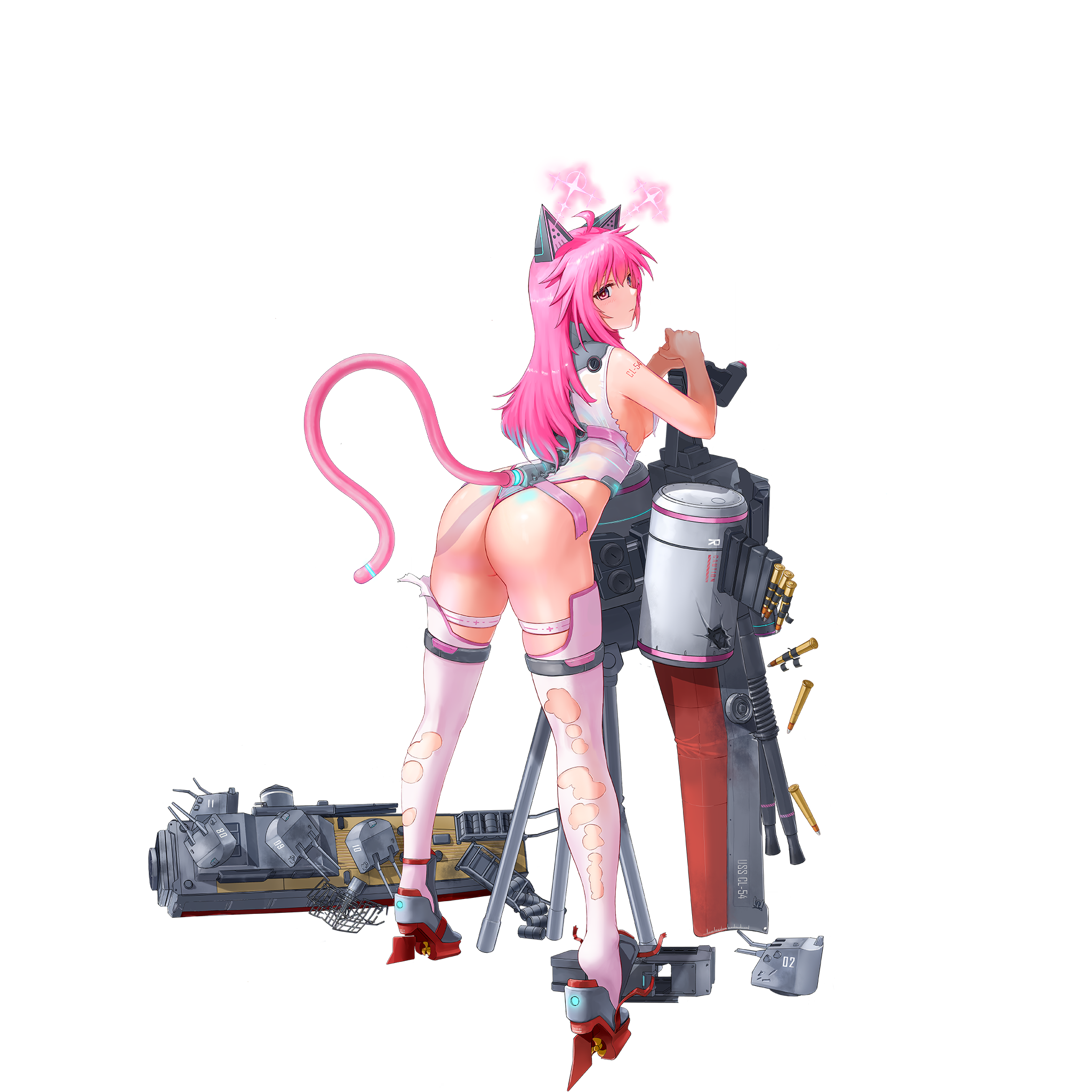 san juan (warship girls r), warship girls r, artist request, highres, official art, ahoge, ammunition, ammunition belt, animal ears, anti-aircraft, anti-aircraft gun, ass, autocannon, bodysuit, bofors 40 mm gun, cannon, cartridge, cat ears, cat tail, depth charge, from behind, full body, long hair, looking at viewer, pink hair, pink thighhighs, rigging, tail, thighhighs, torn bodysuit, torn clothes, torn thighhighs, transparent background
