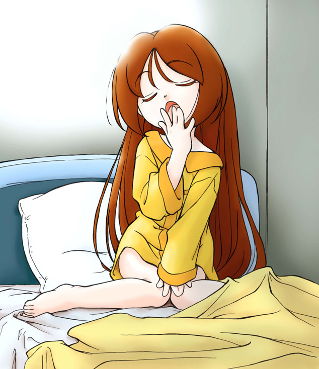 suiseiseki, rozen maiden, 00s, 1girl, barefoot, bed, brown hair, closed eyes, covering own mouth, feet, female focus, long hair, morning, naked shirt, no pants, pajamas, shirt, sitting, solo, very long hair, wariza, yawning