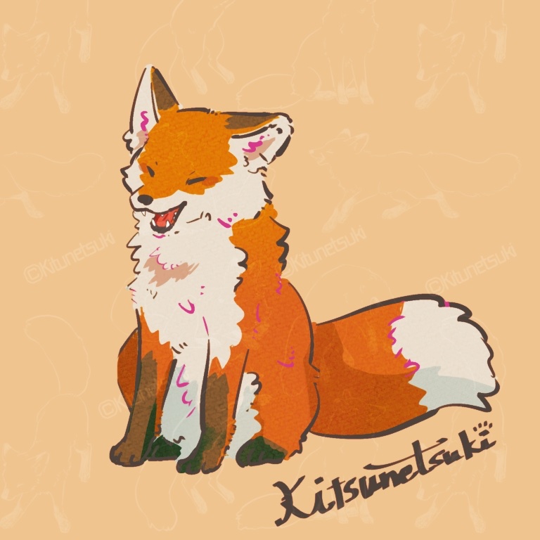 original, commentary request, animal, animal focus, artist name, closed eyes, fox, happy, kitsune hyoka, no humans, open mouth, orange background, simple background, sitting, smile