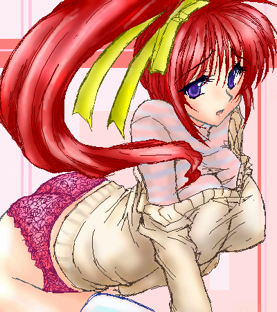 takase mizuki, comic party, lowres, 00s, 1girl, bent over, blue eyes, bow, covered erect nipples, female focus, hair bow, hair ribbon, high ponytail, impossible clothes, lace, lace-trimmed panties, lace panties, lace trim, leaning forward, long hair, looking at viewer, no bra, oekaki, open mouth, panties, pink panties, ponytail, purple eyes, red hair, ribbon, shirt, solo, sweater, thighhighs, underwear, white thighhighs, yellow bow