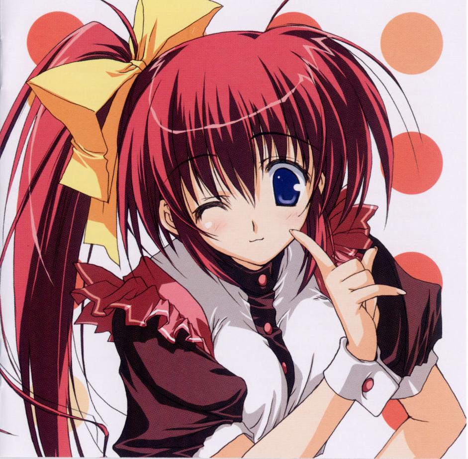 takase mizuki, comic party, 00s, 1girl, blue eyes, bow, female focus, hair between eyes, hand on own hip, high side ponytail, maid, one eye closed, ponytail, red hair, solo, wink, wrist cuffs, yellow bow