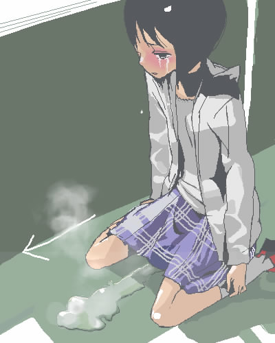 original, lowres, 1girl, arrow (projectile), black hair, blush, female focus, kneeling, oekaki, pee, peeing, short hair, sitting, skirt, solo, tears, wariza