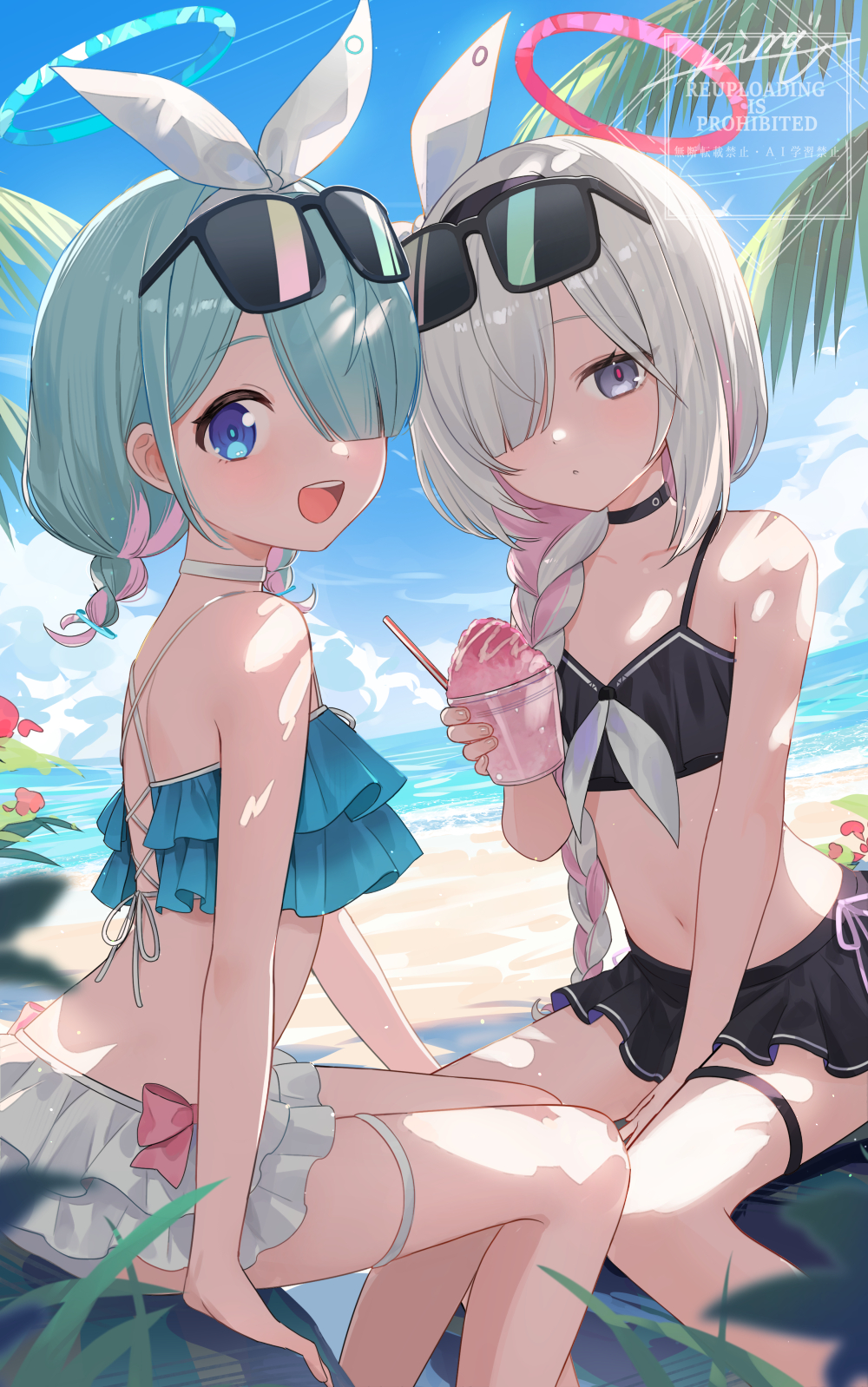 nima (niru54), arona (blue archive), plana (blue archive), blue archive, commentary request, highres, 2girls, bare shoulders, bikini, blue eyes, blue hair, blush, breasts, grey eyes, hair over one eye, halo, long hair, looking at viewer, multiple girls, navel, open mouth, pink hair, short hair, small breasts, smile, sunglasses, swimsuit