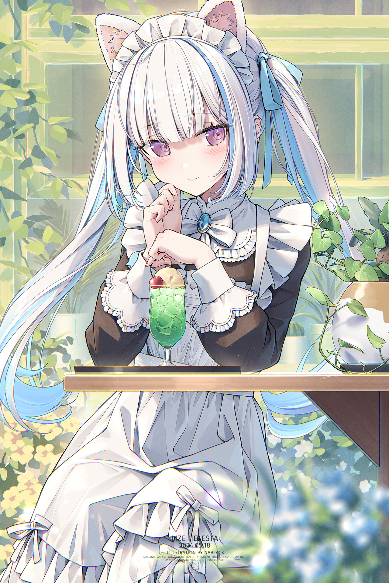 kuro-kun (nablack), lize helesta, lize helesta (9th costume), mandragora (ange katrina), nijisanji, commentary request, highres, 1girl, animal ears, apron, artist name, black dress, blue brooch, blue hair, blue ribbon, blurry, blurry foreground, blush, bow, bowtie, breasts, cat ears, cat girl, character name, cherry, closed mouth, cup, dated, depth of field, dress, drinking glass, elbow rest, eyelashes, feet out of frame, flower, food, frilled apron, frills, fruit, hair ribbon, hand on own cheek, hand on own face, hurricane glass, ice cream, ice cream float, kemonomimi mode, long hair, long sleeves, looking to the side, maid, maid apron, maid headdress, melon soda, multicolored hair, plant, potted plant, puffy long sleeves, puffy sleeves, purple eyes, ribbon, sidelocks, sitting, small breasts, smile, solo focus, streaked hair, table, twintails, two-tone hair, very long hair, virtual youtuber, watermark, web address, white apron, white bow, white bowtie, white hair, white headdress, wooden table, yellow flower