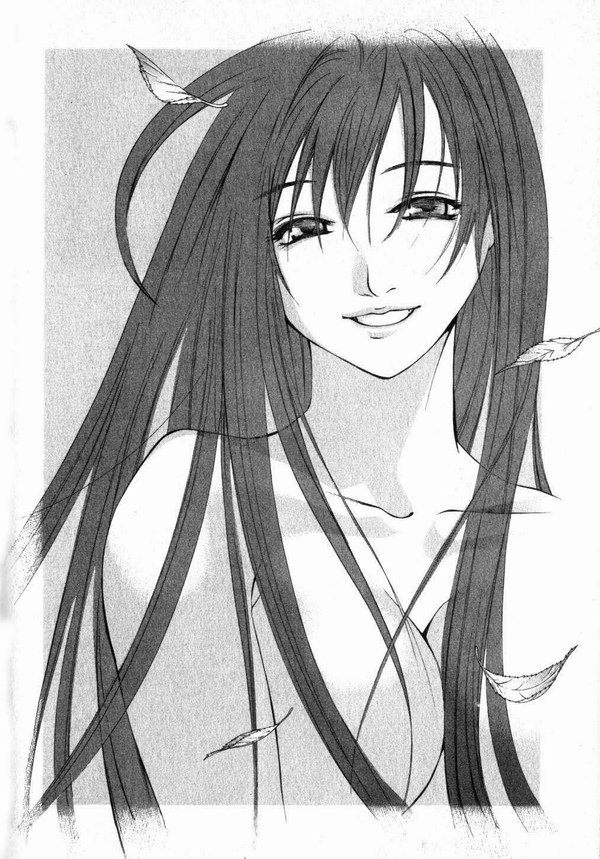 natsume aya, tenjou tenge, 1girl, breasts, censored, collarbone, completely nude, convenient censoring, female focus, greyscale, hair censor, hair over breasts, large breasts, leaf, long hair, looking at viewer, monochrome, nude, smile, solo, upper body