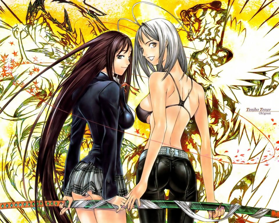 oogure ito, natsume aya, natsume maya, tenjou tenge, 2girls, antenna hair, arms behind back, ass, back, belt, bikini, bikini top only, black bikini, black hair, breasts, dragon, from behind, green eyes, grey eyes, katana, large breasts, leather, leather pants, long hair, looking back, multiple girls, nail polish, ootachi, panties, pants, pantyshot, pink nails, plaid clothes, plaid skirt, pleated skirt, school uniform, serafuku, sheath, short hair, sideboob, skirt, skull, smile, standing, swimsuit, sword, underwear, very long hair, weapon, white hair, white panties, yellow eyes