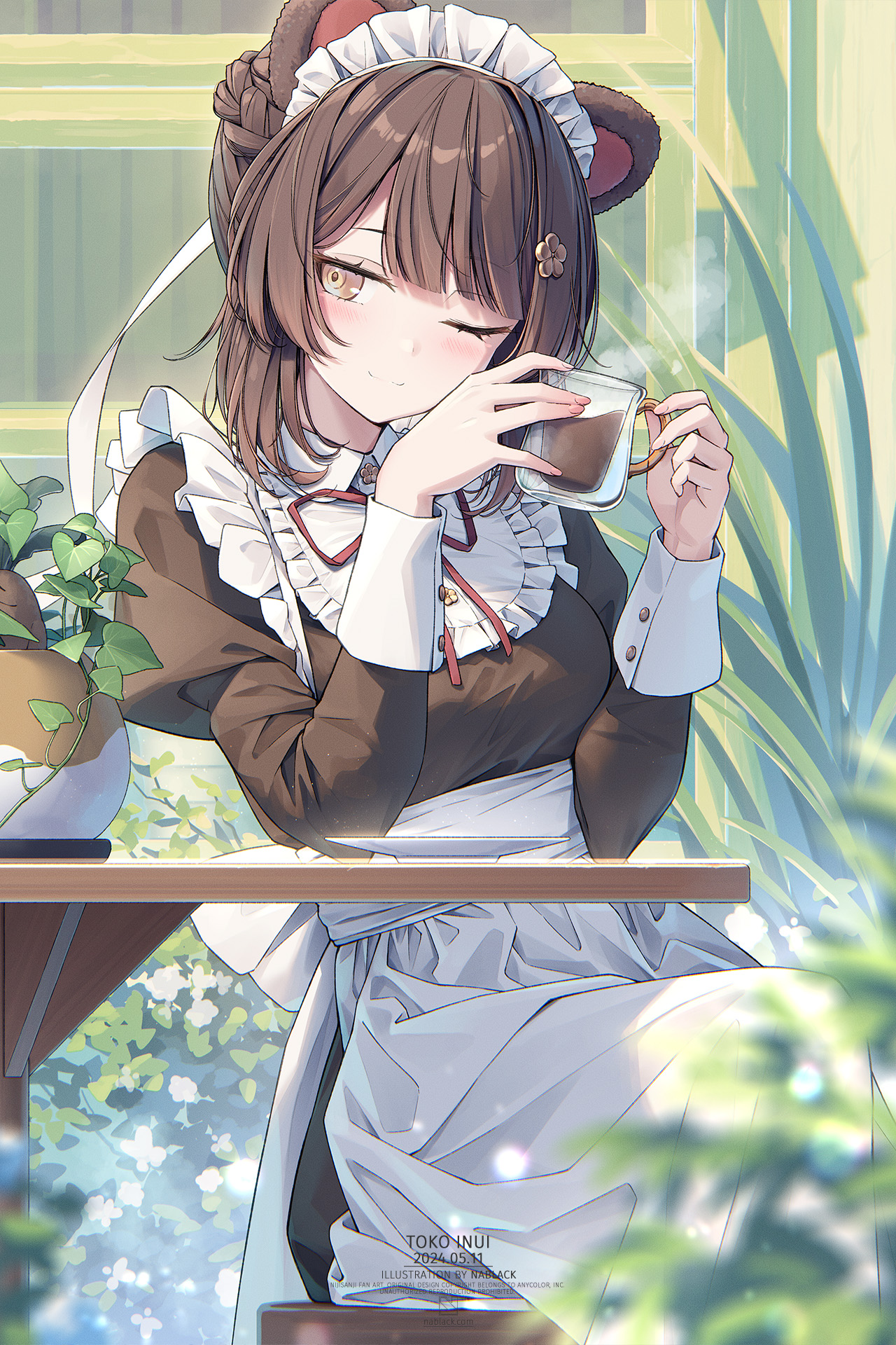 kuro-kun (nablack), inui toko, inui toko (western maid), mandragora (ange katrina), nijisanji, commentary request, highres, 1girl, :3, animal ears, apron, artist name, bib collar, black dress, blurry, blurry foreground, blush, braid, breasts, brown hair, character name, closed mouth, collared dress, copyright name, cup, dated, depth of field, dog ears, dog girl, dress, elbow rest, eyelashes, feet out of frame, fingernails, frills, hair ornament, hairclip, hands up, holding, holding cup, hot drink, juliet sleeves, light blush, long sleeves, looking to the side, maid, maid headdress, medium breasts, neck ribbon, one eye closed, parted bangs, plant, plate, potted plant, puffy sleeves, red ribbon, ribbon, sidelocks, sitting, sleeve cuffs, smile, solo focus, steaming cup, table, underbust, virtual youtuber, waist apron, watermark, web address, white apron, white headdress, wooden table, yellow eyes