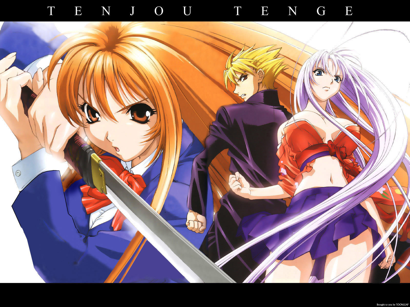 tasaki satoshi, nagi souichirou, natsume aya, natsume maya, tenjou tenge, highres, 1boy, 2girls, angry, antenna hair, back-to-back, blazer, blonde hair, blue eyes, bow, breasts, cleavage, clenched hand, clenched hands, clenched teeth, coat, copyright name, crop top, holding, holding sword, holding weapon, jacket, large breasts, letterboxed, long hair, looking back, midriff, multiple girls, navel, open mouth, orange eyes, orange hair, purple hair, red hair, school uniform, skirt, sword, teeth, trench coat, two-handed, very long hair, watermark, weapon