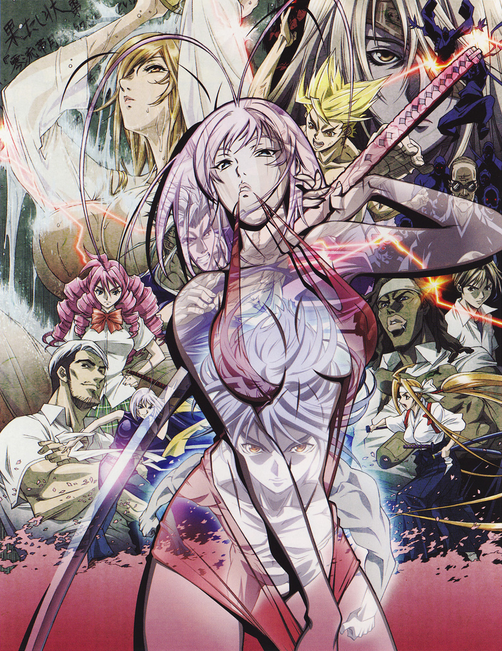 bob makihara, isuzu emi, makihara bob, nagi makiko, nagi souichirou, natsume aya, natsume maya, takayanagi dougen, takayanagi masataka, takayanagi mitsuomi, tawara bunshichi, tenjou tenge, plaid, artist request, highres, 6+boys, 6+girls, ahoge, antenna hair, arms up, beard, black hair, blonde hair, breasts, brown hair, cleavage, crossed arms, dark-skinned male, dark skin, double exposure, drill hair, everyone, eyepatch, facial hair, hand on own hip, headband, hip focus, japanese clothes, katana, large breasts, lips, long hair, mouth hold, multicolored hair, multiple boys, multiple girls, muscular, ninja, no bra, no panties, pink hair, ponytail, purple hair, school uniform, serafuku, sheath, skirt, smile, sunglasses, sword, topless male, two-tone hair, very long hair, weapon, wet, wet clothes, white hair