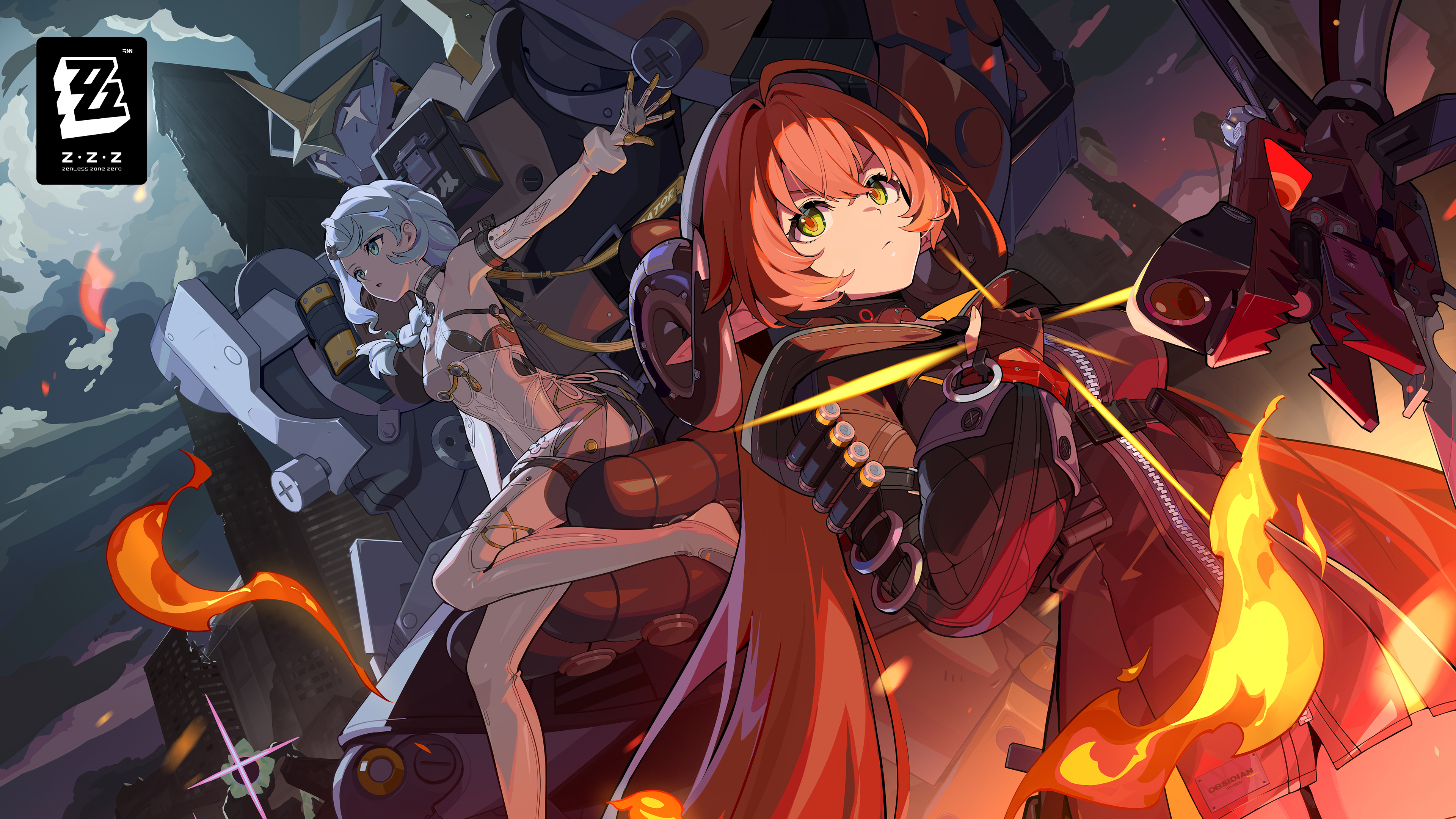 magus (zenless zone zero), orphie magnusson, seed (zenless zone zero), zenless zone zero, absurdres, commentary, english commentary, highres, official art, 2girls, aqua eyes, armpits, bare shoulders, blue hair, breasts, building, clenched hand, cloud, cloudy sky, dutch angle, elbow gloves, fire, furrowed brow, gloves, green eyes, hair between eyes, hand on own chest, horns, humanoid robot, jacket, long hair, mecha, mechanical tail, multiple girls, night, orange hair, orange pupils, outdoors, pointy ears, robot, seed sr., sky, tail, thighhighs, thighs, very long hair, zettai ryouiki