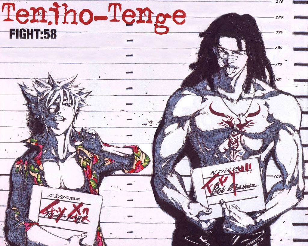 oogure ito, bob makihara, makihara bob, nagi souichirou, tenjou tenge, 2boys, ;p, abs, against wall, bandages, bob, dog tags, dreadlocks, grin, headband, jewelry, male focus, middle finger, multiple boys, muscular, necklace, one eye closed, open clothes, open shirt, partially colored, pointing, shirt, short hair, sign, smile, spiked hair, tattoo, tongue, tongue out, wink