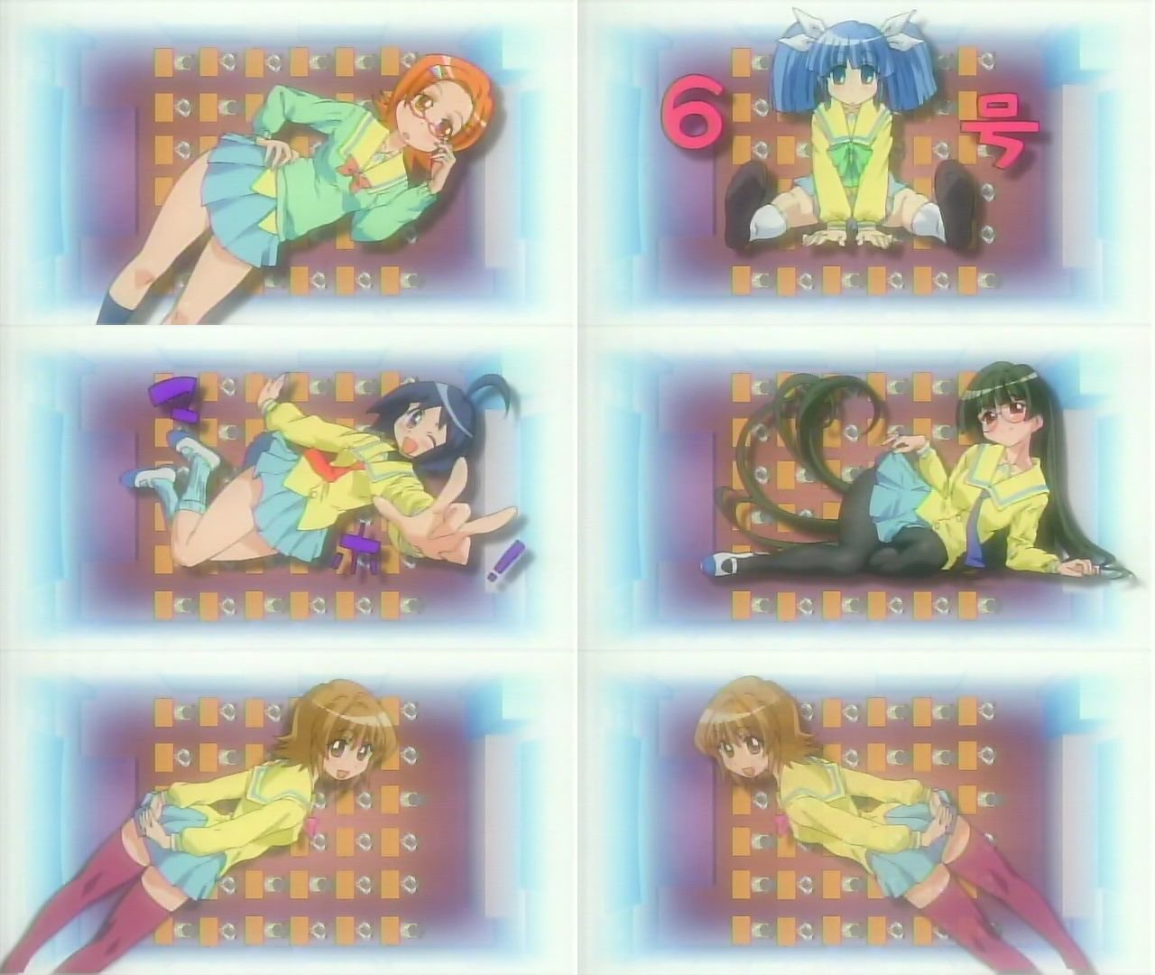 katagiri himeko, maho, momose kurumi, suzuki sayaka, tachibana rei, uehara miyako, pani poni dash!, black legwear, 00s, 6+girls, ahoge, blue hair, from behind, looking at viewer, looking back, multiple girls, pantyhose, pleated skirt, sitting, skirt, thighhighs, twintails