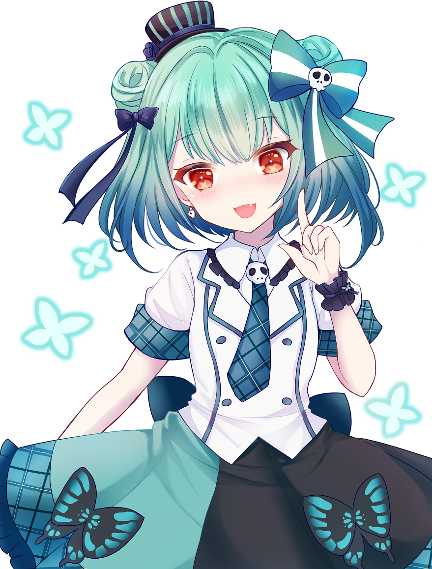 terimuku, uruha rushia, hololive, commentary request, 1girl, :d, animal, black skirt, blue necktie, bow, bug, butterfly, collared shirt, double bun, earrings, fang, frilled shirt collar, frills, green hair, green skirt, hair bow, hair bun, hair ornament, hand up, index finger raised, insect, jewelry, necktie, open mouth, plaid clothes, plaid necktie, shirt, short sleeves, simple background, skirt, skull hair ornament, smile, solo, striped bow, vertical-striped hat, virtual youtuber, white background, white shirt, wrist cuffs