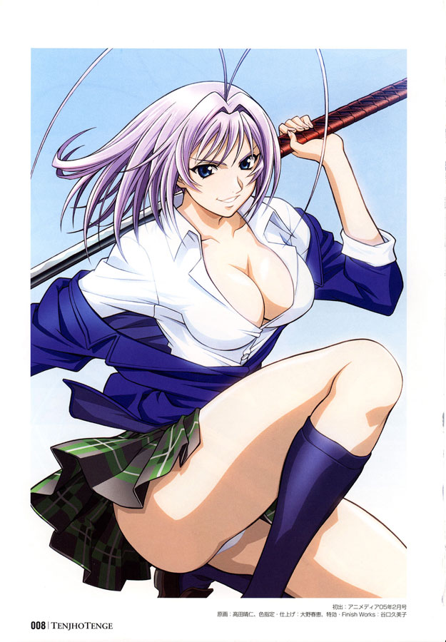 takada haruhito, natsume maya, tenjou tenge, 1girl, antenna hair, blue eyes, breasts, cleavage, dress shirt, female focus, kneehighs, large breasts, panties, pantyshot, plaid clothes, plaid skirt, pleated skirt, purple hair, school uniform, serafuku, shirt, short hair, skirt, socks, solo, sword, underwear, upskirt, weapon, white panties