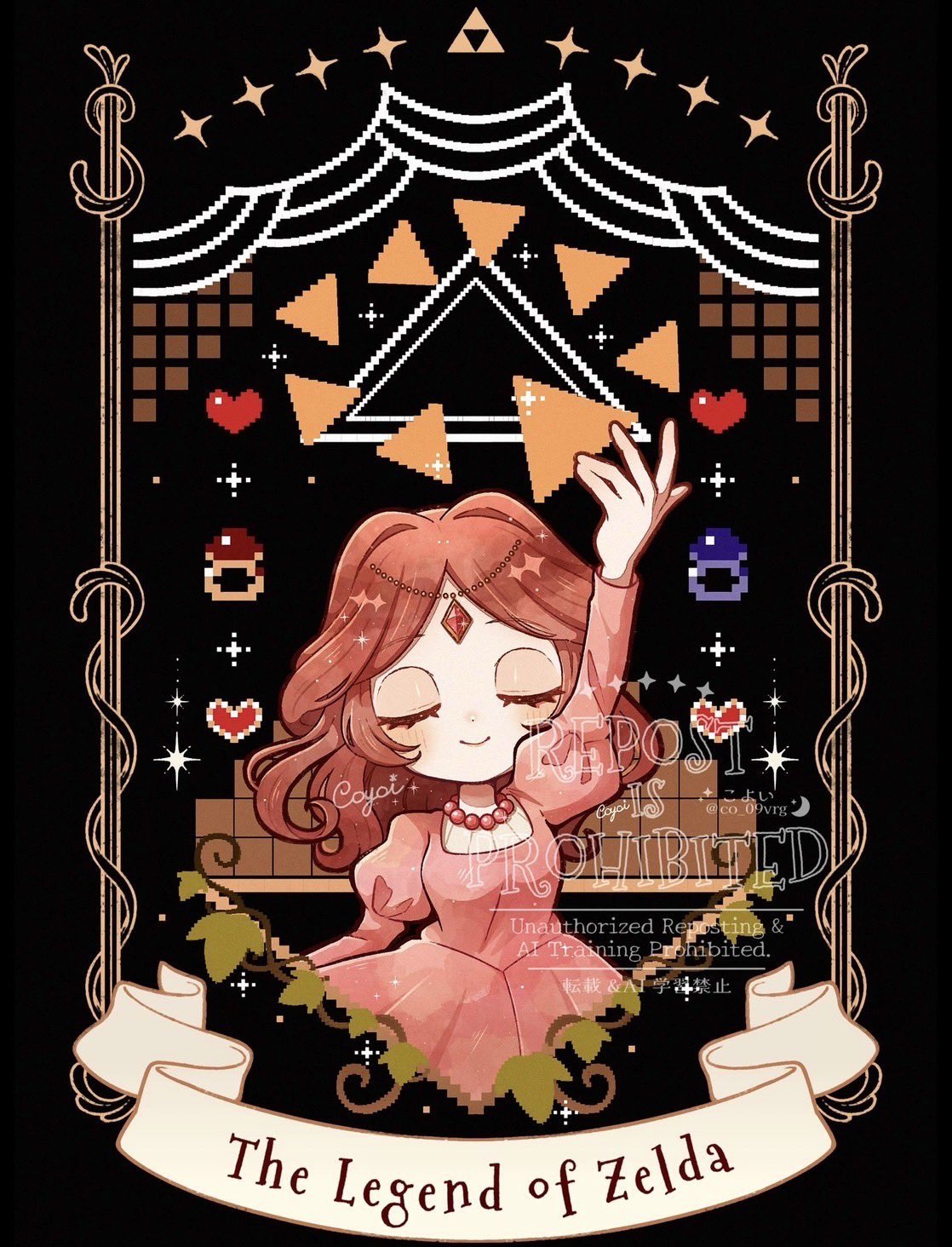 co 09vrg, princess zelda, nintendo, the legend of zelda, the legend of zelda (nes), highres, 1girl, bead necklace, beads, chibi, chibi only, circlet, closed eyes, copyright name, dress, gem, hair intakes, hand up, heart, jewelry, juliet sleeves, light blush, long dress, long sleeves, necklace, pink dress, pixel art, pixel heart, puffy sleeves, red gemstone, red hair, smile, solo, sparkle, triforce, upper body