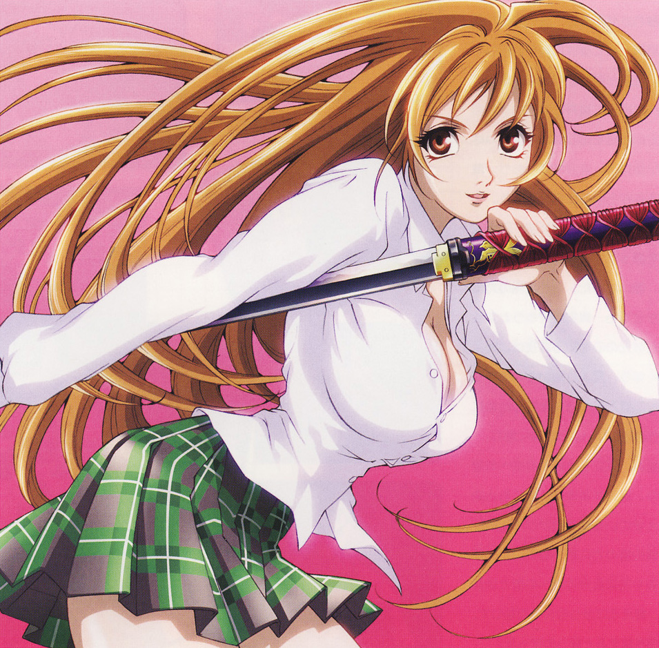 natsume aya, tenjou tenge, 1girl, blonde hair, breasts, cleavage, curvy, dress shirt, female focus, hair spread out, katana, large breasts, leaning forward, long hair, looking at viewer, open clothes, open shirt, orange eyes, orange hair, pink background, plaid clothes, plaid skirt, pleated skirt, school uniform, serafuku, sheath, shirt, simple background, skirt, smile, solo, sword, unbuttoned, very long hair, weapon, white shirt