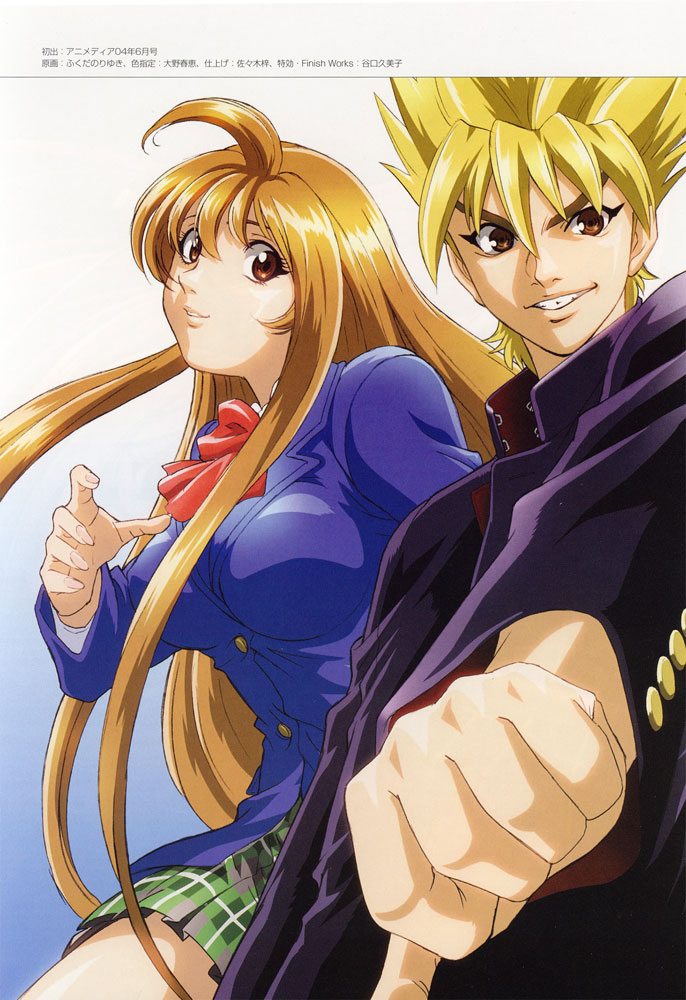 fukuda noriyuki, nagi souichirou, natsume aya, tenjou tenge, scan, 1boy, 1girl, ahoge, blazer, blonde hair, bow, breasts, brown eyes, brown hair, gakuran, grin, jacket, large breasts, long hair, looking at viewer, plaid clothes, plaid skirt, school uniform, short hair, skirt, smile, spiked hair, thumbs down, very long hair