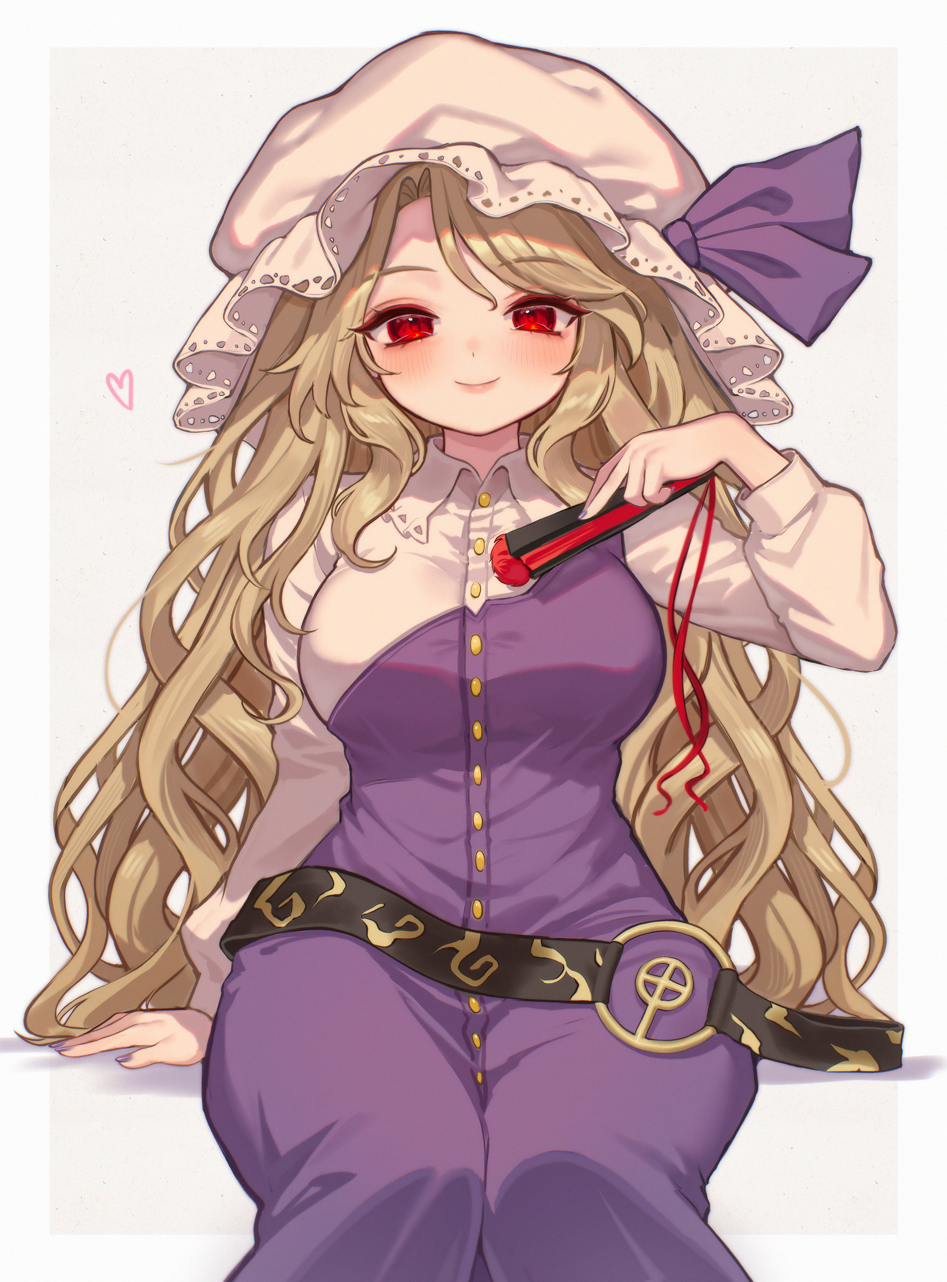 qiu ju, watatsuki no toyohime, fossilized wonders, touhou, absurdres, commentary, highres, 1girl, belt, black belt, blonde hair, blush, breasts, closed mouth, dress, folded fan, folding fan, hand fan, hat, hat ribbon, heart, holding, holding fan, long hair, long sleeves, looking at viewer, loose belt, purple dress, purple ribbon, red eyes, ribbon, single strap, sitting, smile, solo, very long hair