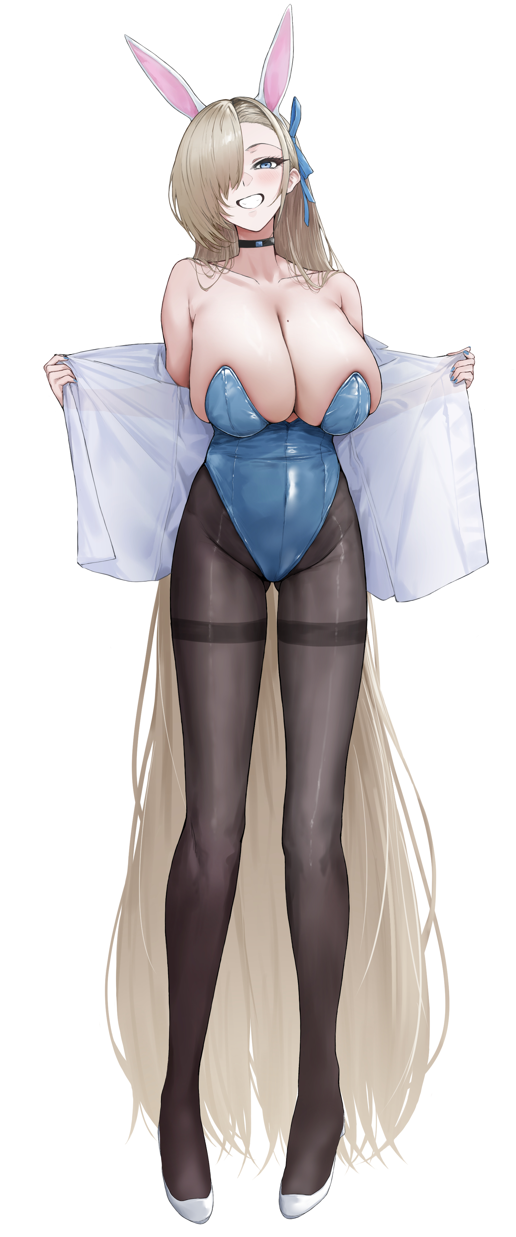 akiaki aki, asuna (blue archive), blue archive, absurdres, highres, 1girl, animal ears, bare shoulders, black choker, blue eyes, blue halo, blue leotard, blue ribbon, breasts, brown hair, choker, cleavage, collarbone, covered navel, detached collar, fake animal ears, full body, gloves, gluteal fold, grin, hair over one eye, hair ribbon, halo, high heels, huge breasts, leotard, long hair, looking at viewer, mole, mole on breast, navel, open clothes, open shirt, pantyhose, playboy bunny, rabbit ears, ribbon, shirt, smile, solo, standing, thighband pantyhose, thighs, very long hair, white gloves, white shirt