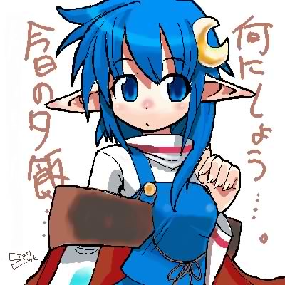 rena lanford, star ocean, star ocean: the second story, lowres, 1girl, crescent, crescent hair ornament, female focus, hair ornament, oekaki, pointy ears, solo