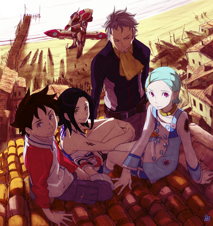 renton, yoshida ken'ichi, eureka (eureka seven), holland novak, nirvash, renton thurston, talho yuuki, eureka seven, eureka seven (series), official art, 00s, 2boys, 2girls, holland, mecha, multiple boys, multiple girls, raglan sleeves, robot, sitting, thigh strap