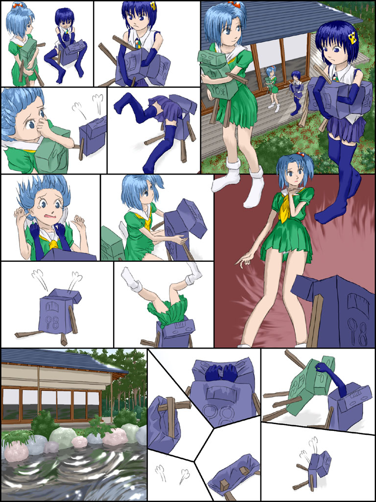 98-tan, 98se-tan, os-tan, 2girls, architecture, comic, east asian architecture, gloves, multiple girls, outdoors, silent comic, skirt, smile, socks, thighhighs, twintails, zettai ryouiki