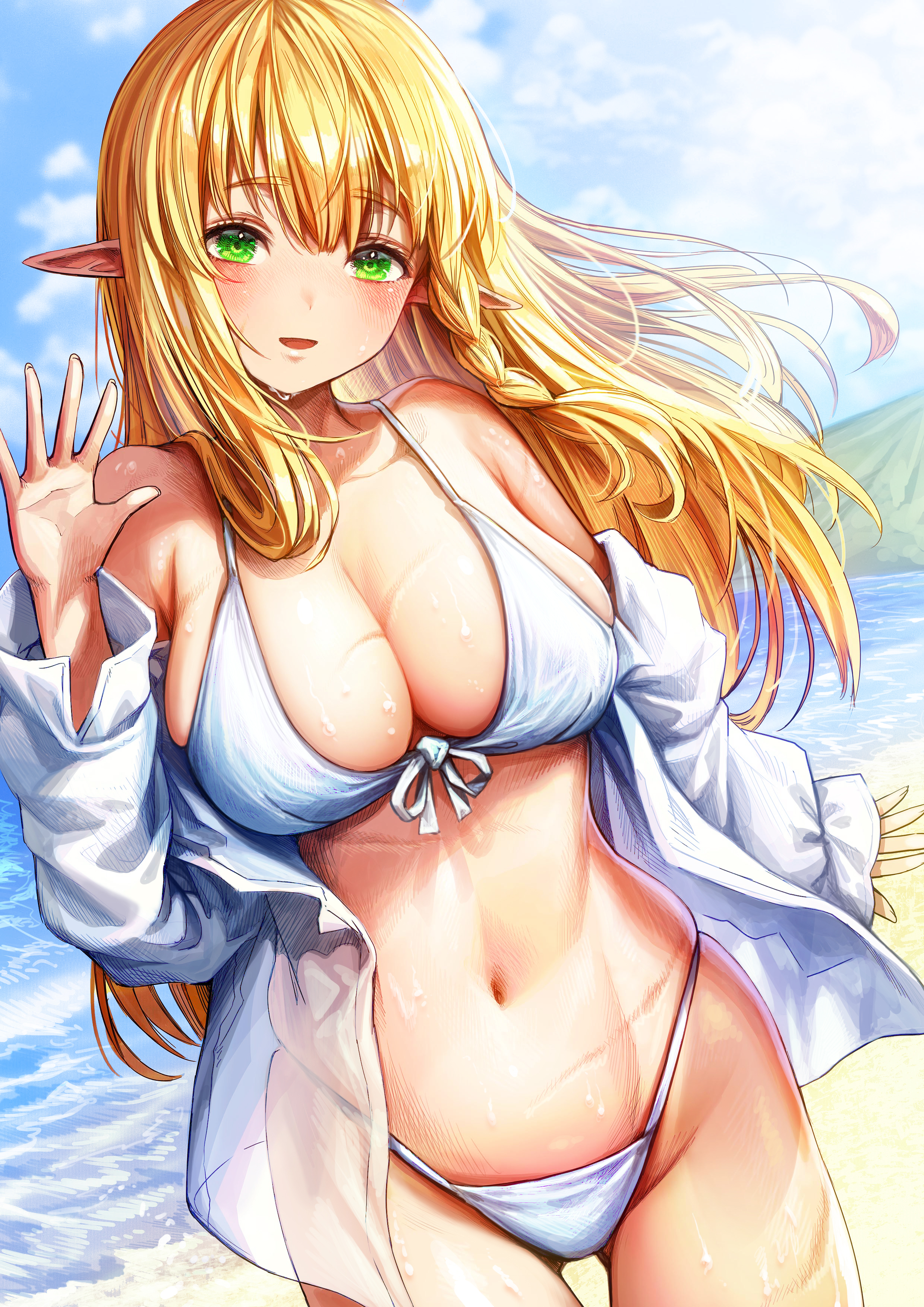 gibagiba, reszurre, boroboro no elf-san wo shiawase ni suru kusuri uri-san, absurdres, highres, 1girl, beach, bikini, blonde hair, blush, braided sidelock, breasts, cleavage, collarbone, cowboy shot, day, dutch angle, elf, floating hair, front-tie bikini top, front-tie top, green eyes, hand up, large breasts, long hair, long sleeves, looking at viewer, navel, ocean, off shoulder, open clothes, open mouth, open shirt, outdoors, pointy ears, smile, solo, standing, stomach, string bikini, swimsuit, waving