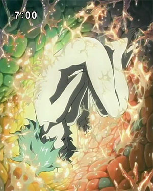 eureka (eureka seven), bones (company), eureka seven, eureka seven (series), screencap, anime screenshot, lowres, 00s, 1girl, aqua hair, clock, clockshow, closed eyes, digital clock, fetal position, nude, short hair, solo