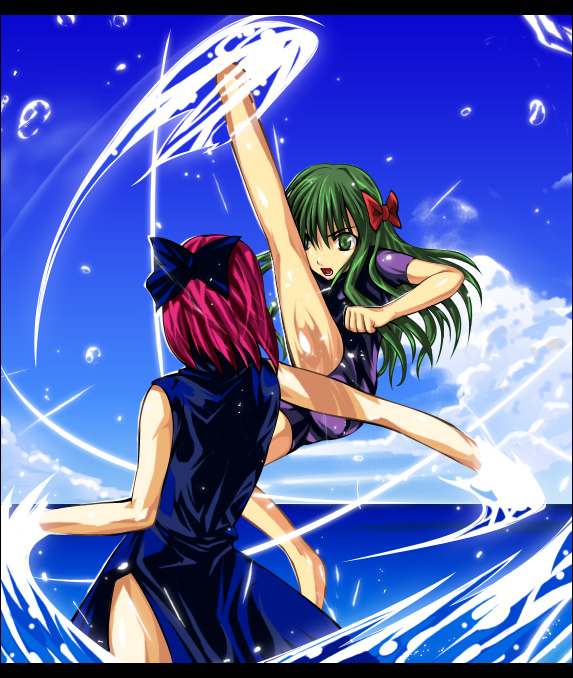 arima miyako, kohaku (tsukihime), mr. chin, melty blood, tsukihime, type-moon, 00s, 2girls, alternate color, battle, bodysuit, bow, china dress, chinese clothes, day, diving suit, dress, green eyes, green hair, high kick, kicking, letterboxed, multiple girls, ocean, one-piece swimsuit, outdoors, red hair, swimsuit, tangzhuang, water, wetsuit