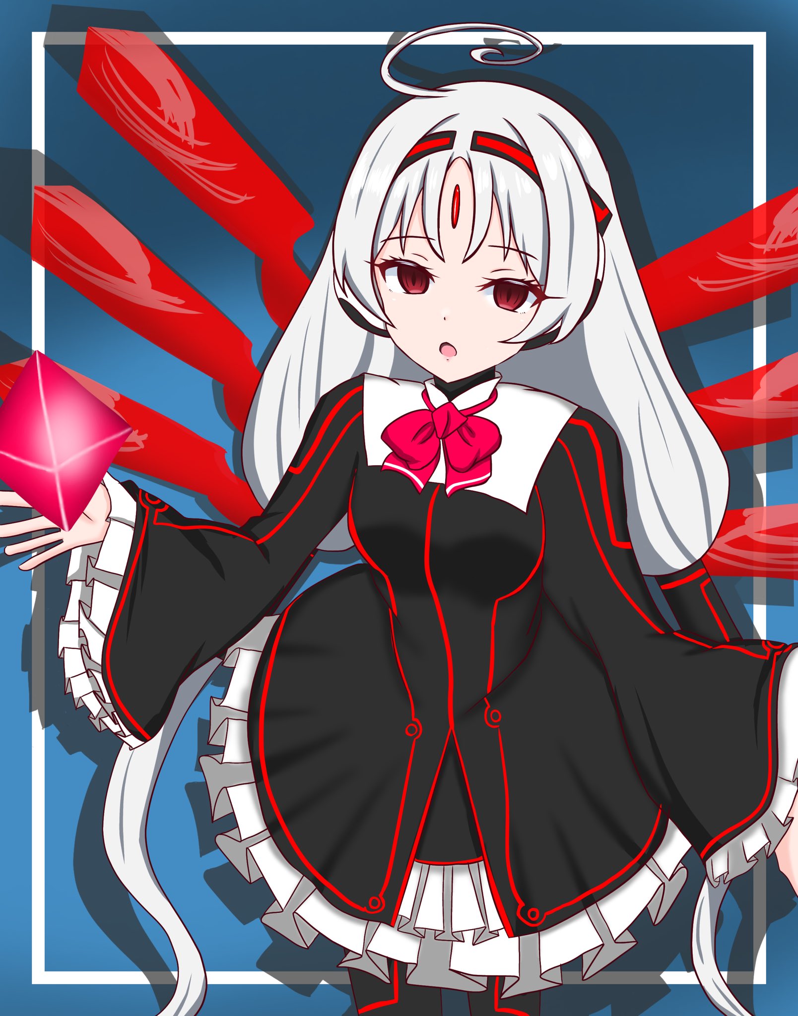 roy rx, vatista (under night in-birth), under night in-birth, highres, :o, ahoge, blue background, border, bow, bowtie, dress, empty eyes, forehead jewel, frilled dress, frilled sleeves, frills, gem, glowing, hairband, inset border, long hair, looking at viewer, low twintails, neon trim, open mouth, parted bangs, red bow, red bowtie, red eyes, red wings, robot ears, solo, twintails, very long hair, white hair, wings
