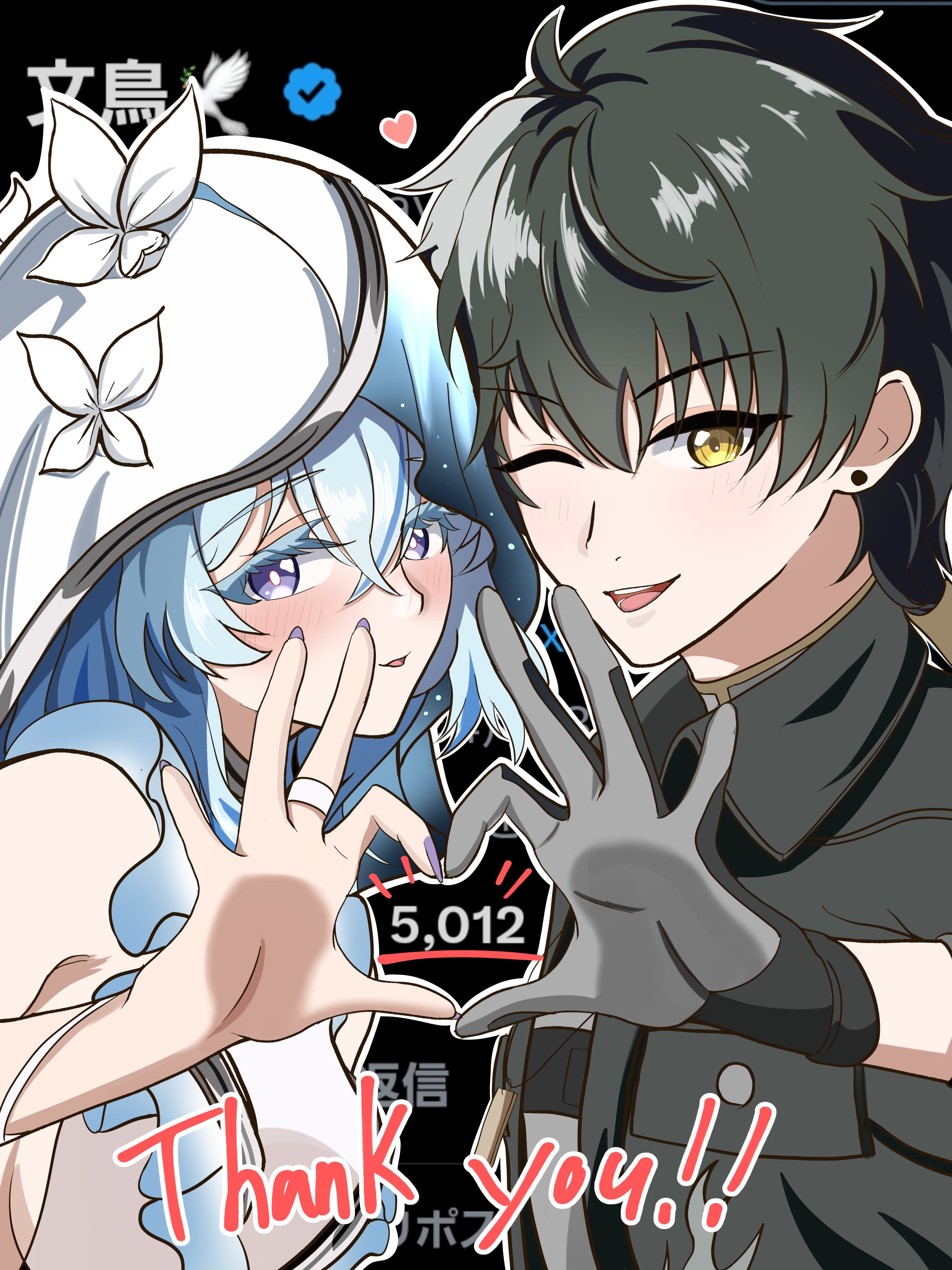 bunchosan dayo, male rover (wuthering waves), rover (wuthering waves), shorekeeper (wuthering waves), wuthering waves, absurdres, commentary request, highres, 1boy, 1girl, black gloves, black hair, black jacket, blue hair, blue veil, blush, breasts, collared jacket, english text, fingernails, gloves, hair between eyes, heart, heart hands, heart hands duo, jacket, long fingernails, long hair, looking at viewer, medium breasts, nail polish, one eye closed, parted lips, purple eyes, purple nails, smile, two-tone veil, upper body, veil, white veil, yellow eyes