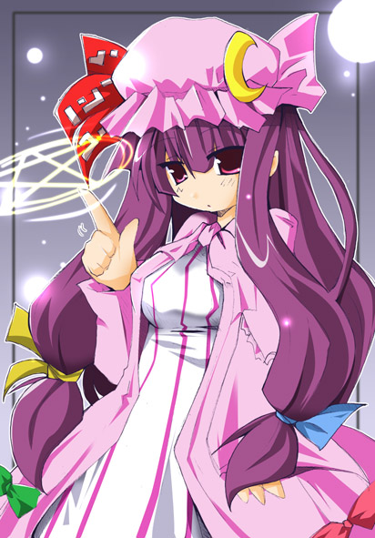 shirogane (platinum), patchouli knowledge, touhou, 1girl, crescent, female focus, grey background, hair ribbon, hat, long hair, magic circle, pentagram, pointing, purple hair, red eyes, ribbon, solo, tress ribbon