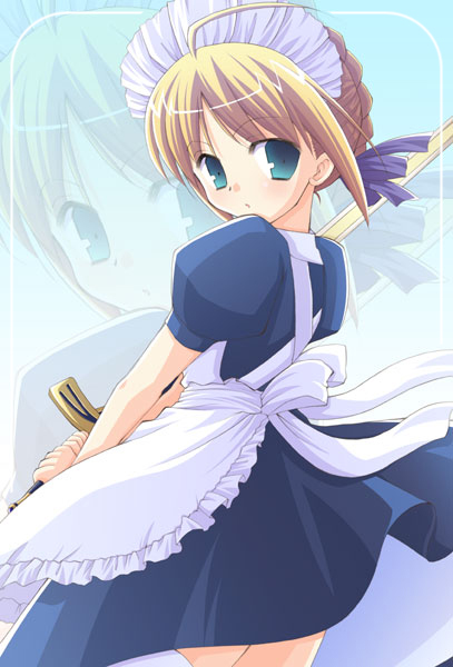 itachi chimaki, artoria pendragon (fate), saber (fate), fate/stay night, fate (series), 00s, 1girl, ahoge, alternate costume, blonde hair, blue eyes, bonnet, braid, braided bun, excalibur (fate/stay night), female focus, green eyes, hair bun, maid, maid headdress, ribbon, solo, sword, weapon