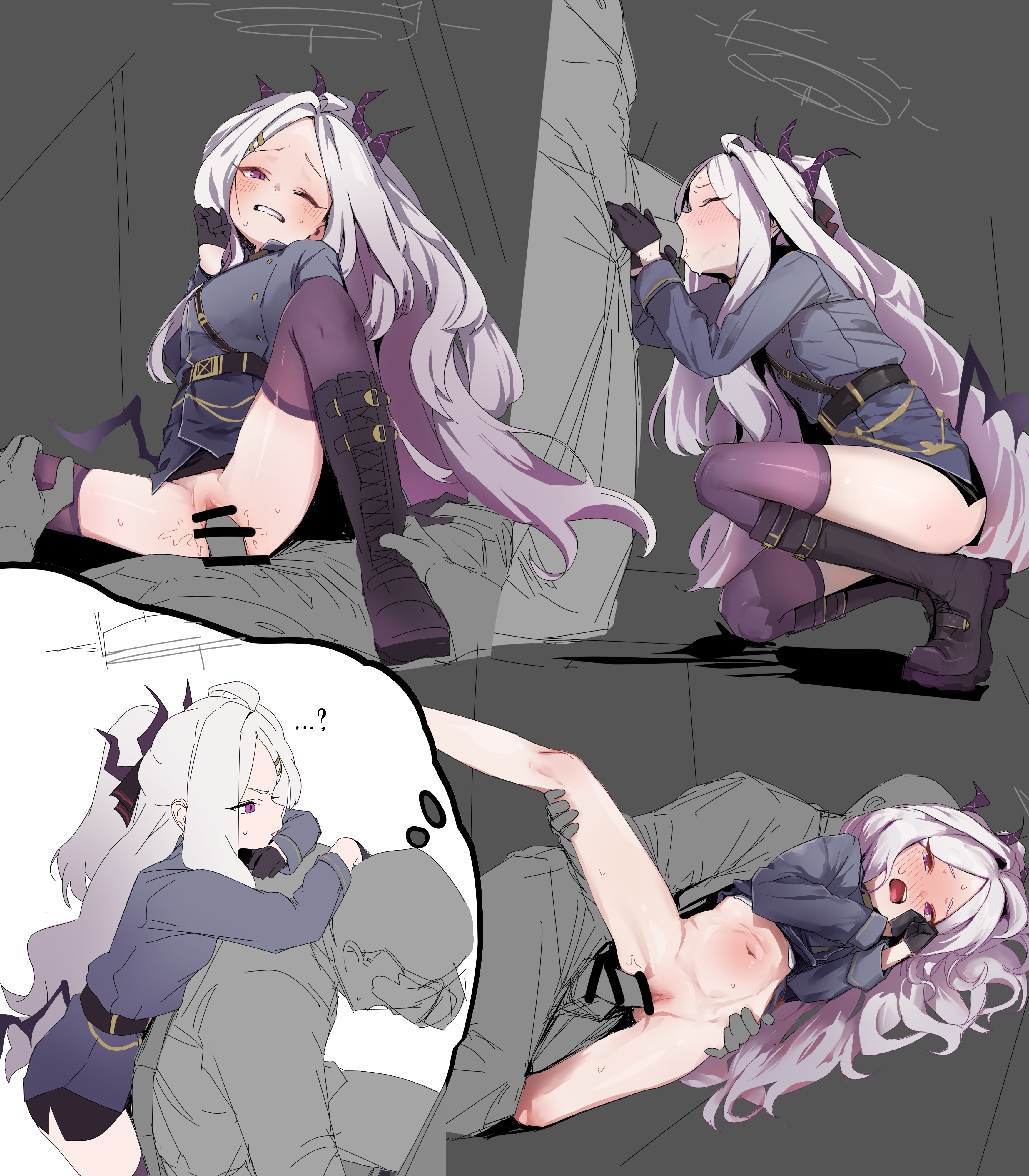 meyu, hina (blue archive), sensei (blue archive), blue archive, 1boy, 1girl, ?, bare legs, belt, blush, boots, bottomless, censored, closed eyes, clothes lift, dark-skinned male, dark skin, demon wings, dreaming, facepalm, fellatio, girl on top, gloves, grabbing from behind, halo, horns, leaning on person, leg up, long hair, lying, military uniform, miniskirt, navel, on side, one eye closed, oral, pencil skirt, penis, ponytail, purple eyes, sex, side slit, skirt, skirt lift, speech bubble, thighhighs, thighs, thought bubble, unworn skirt, vaginal, white hair, wings