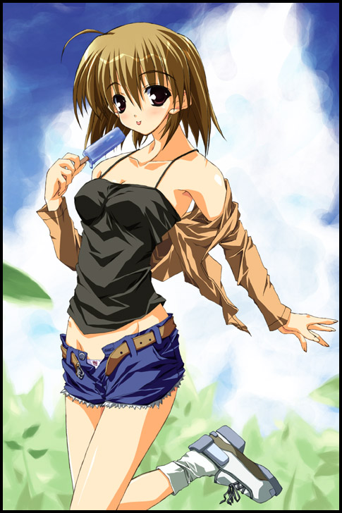 shinya puu, original, framed, 1girl, :p, ahoge, bare shoulders, belt, brown eyes, brown hair, camisole, cloud, day, denim, denim shorts, female focus, food, groin, jacket, leg up, long sleeves, looking at viewer, open belt, open clothes, open fly, open jacket, outdoors, panties, popsicle, short hair, short shorts, shorts, socks, solo, standing, standing on one leg, tongue, tongue out, unbuckled, unbuttoned, underwear, unzipped, white panties