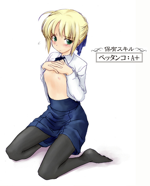 kawagishi keitarou, artoria pendragon (fate), saber (fate), fate/stay night, fate (series), 00s, 1girl, blouse, braid, braided bun, female focus, flat chest, hair bun, nipples, open clothes, open shirt, pantyhose, shirt, solo