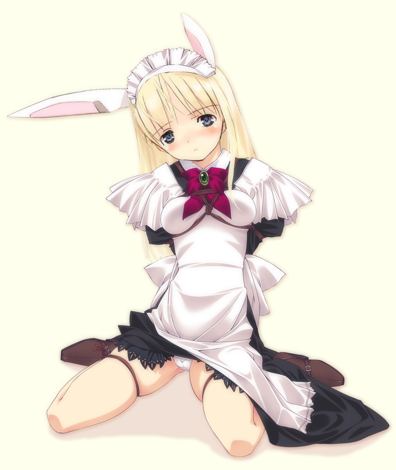 murakami suigun, shimada fumikane, third-party edit, 1girl, animal ears, arms behind back, bdsm, blonde hair, blush, bondage, bound, female focus, loli, maid, maid headdress, panties, rabbit ears, shibari, shibari over clothes, solo, spread legs, underwear