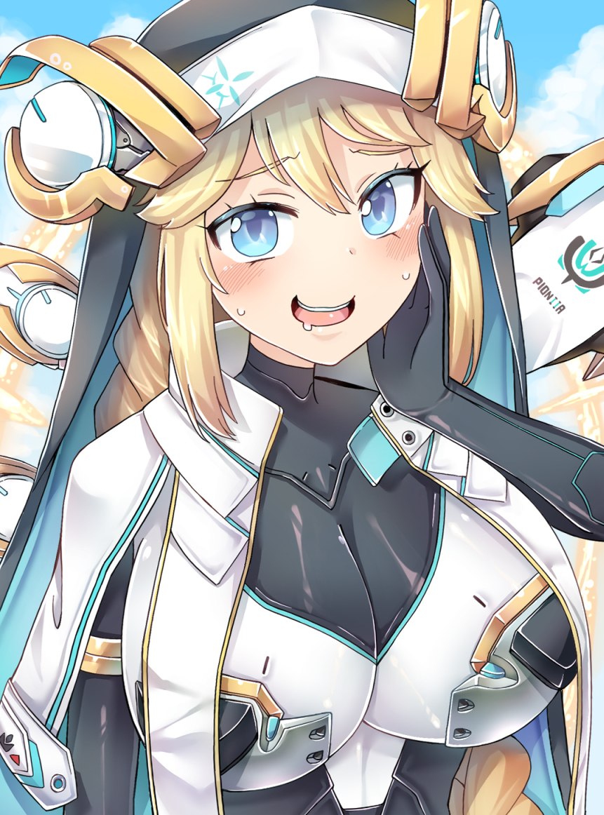 gagaga, rapunzel (nikke), goddess of victory: nikke, 1girl, black gloves, blonde hair, blue eyes, blue sky, blush, bodysuit, braid, breasts, capelet, day, drooling, gloves, hat, large breasts, long hair, open mouth, sky, smile, solo, sweat, teeth, upper body, upper teeth only