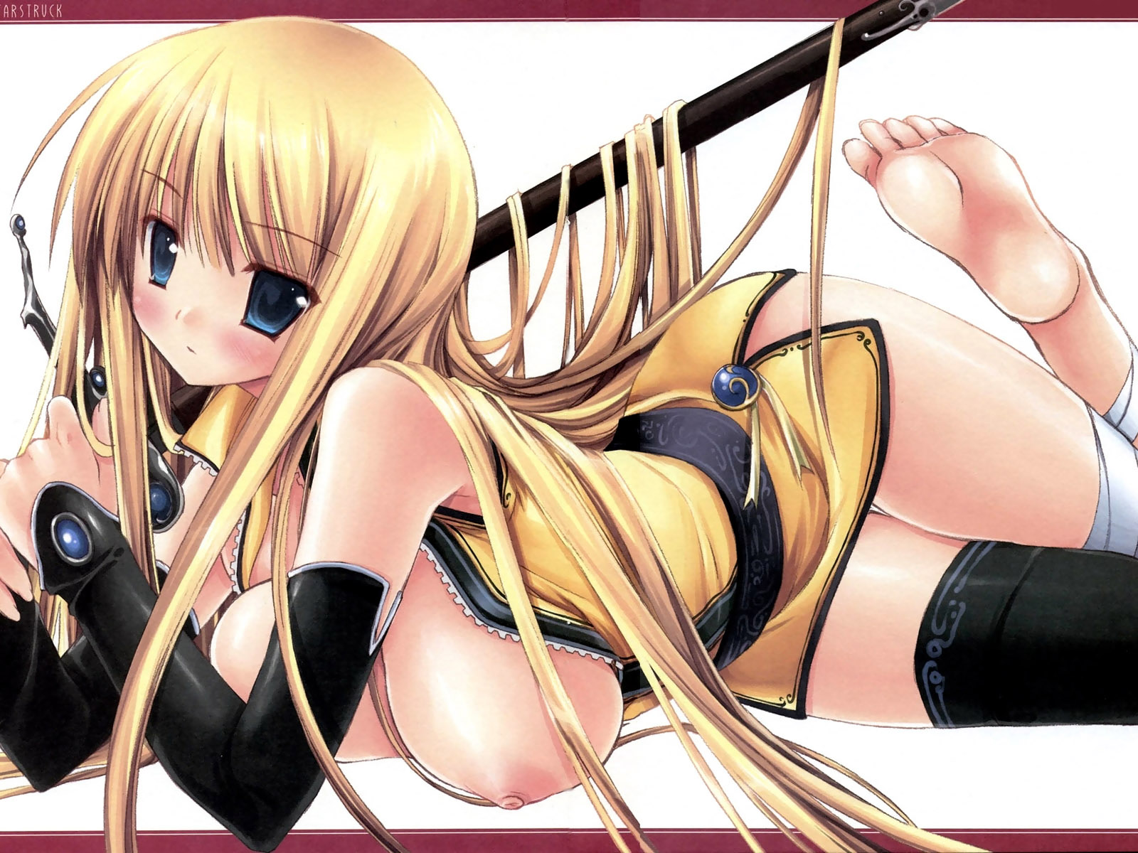 miyasu risa, celes chere, final fantasy, final fantasy vi, highres, 1990s (style), 1girl, asymmetrical clothes, bandages, barefoot, black thighhighs, blonde hair, blue eyes, blush, breasts, detached sleeves, dress, feet, female focus, gloves, large breasts, long hair, looking at viewer, lying, nipples, on stomach, open clothes, open shirt, retro artstyle, shirt, single thighhigh, soles, solo, sword, thighhighs, toeless legwear, toes, weapon